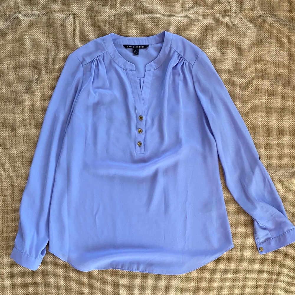 Zack & Rachel periwinkle blue blouse with roll up sleeves